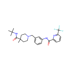 CC(C)(C)NC(=O)C1(C)CCN(Cc2cccc(NC(=O)c3cccc(C(F)(F)F)n3)c2)CC1 ZINC001772623065