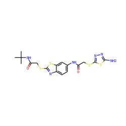 CC(C)(C)NC(=O)CSc1nc2ccc(NC(=O)CSc3nnc(N)s3)cc2s1 ZINC000001777238