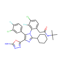 CC(C)(C)NC(=O)Cc1ccc(Cl)c(F)c1-n1c(C2CCCCC2)nc(-c2nnc(N)o2)c1-c1ccc(F)c(Cl)c1 ZINC000116173987