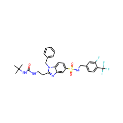 CC(C)(C)NC(=O)NCCc1nc2cc(S(=O)(=O)NCc3ccc(C(F)(F)F)c(F)c3)ccc2n1Cc1ccccc1 ZINC000028338633