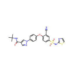 CC(C)(C)NC(=O)c1cnn(-c2ccc(Oc3ccc(S(=O)(=O)Nc4nccs4)cc3C#N)cc2)c1 ZINC000095581841