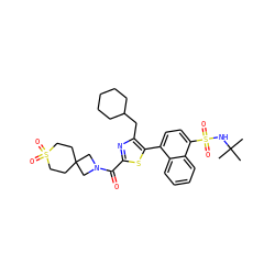 CC(C)(C)NS(=O)(=O)c1ccc(-c2sc(C(=O)N3CC4(CCS(=O)(=O)CC4)C3)nc2CC2CCCCC2)c2ccccc12 ZINC000299825438
