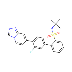 CC(C)(C)NS(=O)(=O)c1ccccc1-c1ccc(-c2ccn3cnnc3c2)c(F)c1 ZINC000224770105