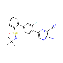 CC(C)(C)NS(=O)(=O)c1ccccc1-c1ccc(-c2cnc(N)c(C#N)n2)c(F)c1 ZINC000224769203