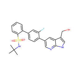 CC(C)(C)NS(=O)(=O)c1ccccc1-c1ccc(-c2cnc3[nH]cc(CO)c3c2)c(F)c1 ZINC000224771259