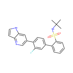 CC(C)(C)NS(=O)(=O)c1ccccc1-c1ccc(-c2cnc3cc[nH]c3c2)c(F)c1 ZINC000224791211