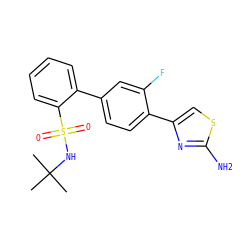 CC(C)(C)NS(=O)(=O)c1ccccc1-c1ccc(-c2csc(N)n2)c(F)c1 ZINC000224826419