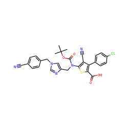 CC(C)(C)OC(=O)N(Cc1cn(Cc2ccc(C#N)cc2)cn1)c1sc(C(=O)O)c(-c2ccc(Cl)cc2)c1C#N ZINC000653788941