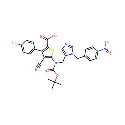 CC(C)(C)OC(=O)N(Cc1cncn1Cc1ccc([N+](=O)[O-])cc1)c1sc(C(=O)O)c(-c2ccc(Cl)cc2)c1C#N ZINC000653786677