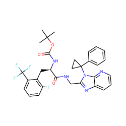 CC(C)(C)OC(=O)N[C@H](Cc1c(F)cccc1C(F)(F)F)C(=O)NCc1nc2cccnc2n1C1(c2ccccc2)CC1 ZINC000029039551