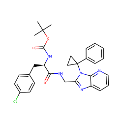 CC(C)(C)OC(=O)N[C@H](Cc1ccc(Cl)cc1)C(=O)NCc1nc2cccnc2n1C1(c2ccccc2)CC1 ZINC000029039533