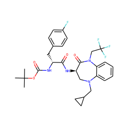CC(C)(C)OC(=O)N[C@H](Cc1ccc(F)cc1)C(=O)N[C@@H]1CN(CC2CC2)c2ccccc2N(CC(F)(F)F)C1=O ZINC000029040471