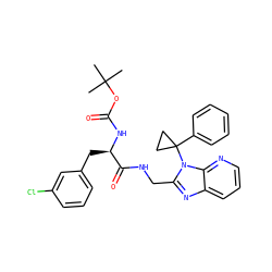 CC(C)(C)OC(=O)N[C@H](Cc1cccc(Cl)c1)C(=O)NCc1nc2cccnc2n1C1(c2ccccc2)CC1 ZINC000029039531