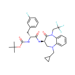 CC(C)(C)OC(=O)N[C@H](Cc1cccc(F)c1)C(=O)N[C@@H]1CN(CC2CC2)c2ccccc2N(CC(F)(F)F)C1=O ZINC000029040469