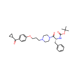CC(C)(C)OC(=O)N[C@H](Cc1ccccc1)C(=O)N1CCN(CCCOc2ccc(C(=O)C3CC3)cc2)CC1 ZINC000013444785