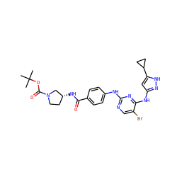 CC(C)(C)OC(=O)N1CC[C@@H](NC(=O)c2ccc(Nc3ncc(Br)c(Nc4cc(C5CC5)[nH]n4)n3)cc2)C1 ZINC000203004340