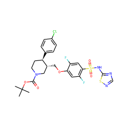 CC(C)(C)OC(=O)N1CC[C@@H](c2ccc(Cl)cc2)[C@H](COc2cc(F)c(S(=O)(=O)Nc3ncns3)cc2F)C1 ZINC000220552108