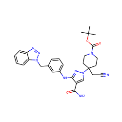 CC(C)(C)OC(=O)N1CCC(CC#N)(n2cc(C(N)=O)c(Nc3cccc(Cn4nnc5ccccc54)c3)n2)CC1 ZINC000204996157