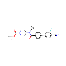 CC(C)(C)OC(=O)N1CCC(N(C(=O)c2ccc(-c3ccc(C#N)c(F)c3)cc2)C2CC2)CC1 ZINC000223658739