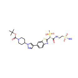 CC(C)(C)OC(=O)N1CCC(n2cc(-c3ccc4nc([C@@H](C(=O)NCCS(N)(=O)=O)S(C)(=O)=O)sc4c3)cn2)CC1 ZINC000144053864