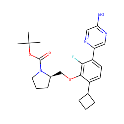 CC(C)(C)OC(=O)N1CCC[C@@H]1COc1c(C2CCC2)ccc(-c2cnc(N)cn2)c1F ZINC000224572262