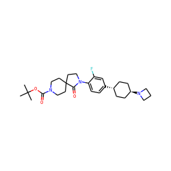CC(C)(C)OC(=O)N1CCC2(CC1)CCN(c1ccc([C@H]3CC[C@H](N4CCC4)CC3)cc1F)C2=O ZINC001772597055