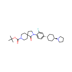 CC(C)(C)OC(=O)N1CCC2(CC1)CCN(c1ccc([C@H]3CC[C@H](N4CCCC4)CC3)cc1F)C2=O ZINC001772618134