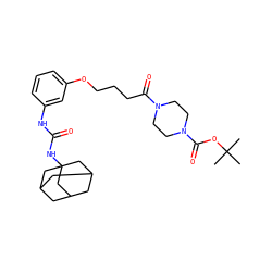 CC(C)(C)OC(=O)N1CCN(C(=O)CCCOc2cccc(NC(=O)NC34CC5CC(CC(C5)C3)C4)c2)CC1 ZINC000066259234