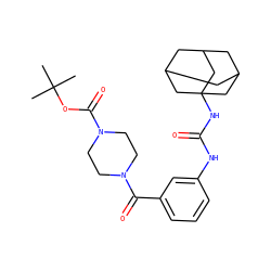 CC(C)(C)OC(=O)N1CCN(C(=O)c2cccc(NC(=O)NC34CC5CC(CC(C5)C3)C4)c2)CC1 ZINC000169329971