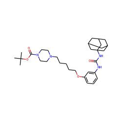 CC(C)(C)OC(=O)N1CCN(CCCCCOc2cccc(NC(=O)NC34CC5CC(CC(C5)C3)C4)c2)CC1 ZINC000066259542