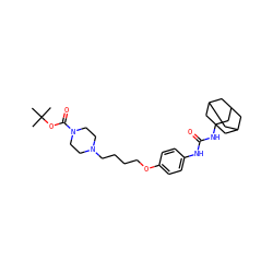 CC(C)(C)OC(=O)N1CCN(CCCCOc2ccc(NC(=O)NC34CC5CC(CC(C5)C3)C4)cc2)CC1 ZINC000066251269