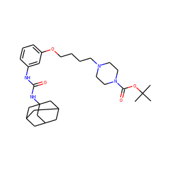 CC(C)(C)OC(=O)N1CCN(CCCCOc2cccc(NC(=O)NC34CC5CC(CC(C5)C3)C4)c2)CC1 ZINC000066259233