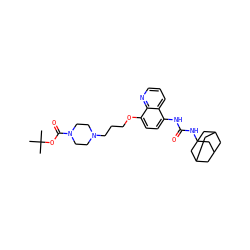 CC(C)(C)OC(=O)N1CCN(CCCOc2ccc(NC(=O)NC34CC5CC(CC(C5)C3)C4)c3cccnc23)CC1 ZINC000169329987