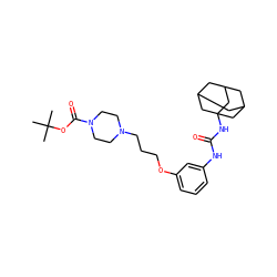 CC(C)(C)OC(=O)N1CCN(CCCOc2cccc(NC(=O)NC34CC5CC(CC(C5)C3)C4)c2)CC1 ZINC000066259543