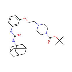 CC(C)(C)OC(=O)N1CCN(CCOc2cccc(NC(=O)NC34CC5CC(CC(C5)C3)C4)c2)CC1 ZINC000066259541