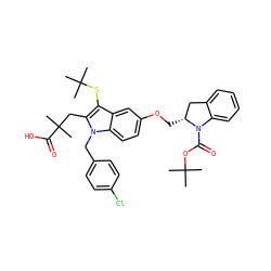 CC(C)(C)OC(=O)N1c2ccccc2C[C@H]1COc1ccc2c(c1)c(SC(C)(C)C)c(CC(C)(C)C(=O)O)n2Cc1ccc(Cl)cc1 ZINC000049757232