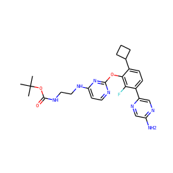 CC(C)(C)OC(=O)NCCNc1ccnc(Oc2c(C3CCC3)ccc(-c3cnc(N)cn3)c2F)n1 ZINC000212154254