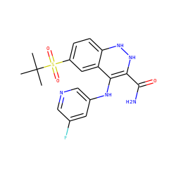 CC(C)(C)S(=O)(=O)c1ccc2c(c1)C(Nc1cncc(F)c1)=C(C(N)=O)NN2 ZINC000045390469