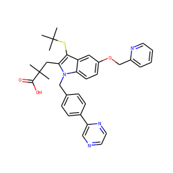 CC(C)(C)Sc1c(CC(C)(C)C(=O)O)n(Cc2ccc(-c3cnccn3)cc2)c2ccc(OCc3ccccn3)cc12 ZINC000042966720
