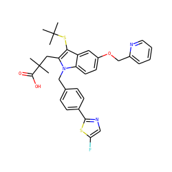 CC(C)(C)Sc1c(CC(C)(C)C(=O)O)n(Cc2ccc(-c3ncc(F)s3)cc2)c2ccc(OCc3ccccn3)cc12 ZINC000042921192