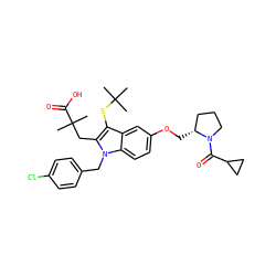 CC(C)(C)Sc1c(CC(C)(C)C(=O)O)n(Cc2ccc(Cl)cc2)c2ccc(OC[C@@H]3CCCN3C(=O)C3CC3)cc12 ZINC000049771785