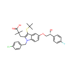 CC(C)(C)Sc1c(CC(C)(C)C(=O)O)n(Cc2ccc(Cl)cc2)c2ccc(OC[C@H](O)c3ccc(F)cc3)cc12 ZINC000049756162