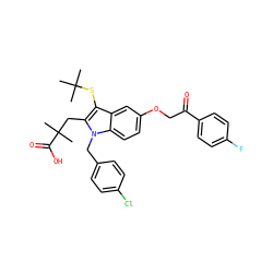 CC(C)(C)Sc1c(CC(C)(C)C(=O)O)n(Cc2ccc(Cl)cc2)c2ccc(OCC(=O)c3ccc(F)cc3)cc12 ZINC000049756994