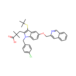 CC(C)(C)Sc1c(CC(C)(C)C(=O)O)n(Cc2ccc(Cl)cc2)c2ccc(OCc3cc4ccccc4cn3)cc12 ZINC000001535731