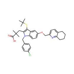CC(C)(C)Sc1c(CC(C)(C)C(=O)O)n(Cc2ccc(Cl)cc2)c2ccc(OCc3ccc4c(n3)CCCC4)cc12 ZINC000026485953