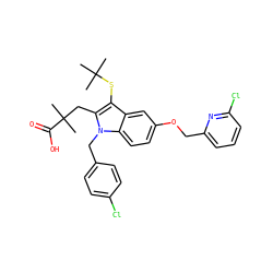 CC(C)(C)Sc1c(CC(C)(C)C(=O)O)n(Cc2ccc(Cl)cc2)c2ccc(OCc3cccc(Cl)n3)cc12 ZINC000001535722