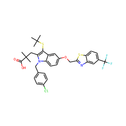 CC(C)(C)Sc1c(CC(C)(C)C(=O)O)n(Cc2ccc(Cl)cc2)c2ccc(OCc3nc4cc(C(F)(F)F)ccc4s3)cc12 ZINC000003930202