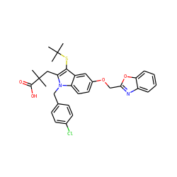 CC(C)(C)Sc1c(CC(C)(C)C(=O)O)n(Cc2ccc(Cl)cc2)c2ccc(OCc3nc4ccccc4o3)cc12 ZINC000001535796