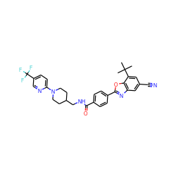 CC(C)(C)c1cc(C#N)cc2nc(-c3ccc(C(=O)NCC4CCN(c5ccc(C(F)(F)F)cn5)CC4)cc3)oc12 ZINC000066098801