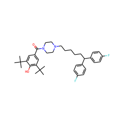 CC(C)(C)c1cc(C(=O)N2CCN(CCCCCC(c3ccc(F)cc3)c3ccc(F)cc3)CC2)cc(C(C)(C)C)c1O ZINC000084759504